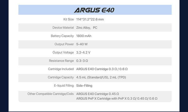 مجموعة نظام VOOPOO Argus E40 Pod بسعة 1800 مللي أمبير/ساعة وسعة 4.5 مل – مجموعة نظام VOOPOO Argus E40 Pod بسعة 1800 مللي أمبير/ساعة وسعة 4.5 مل
