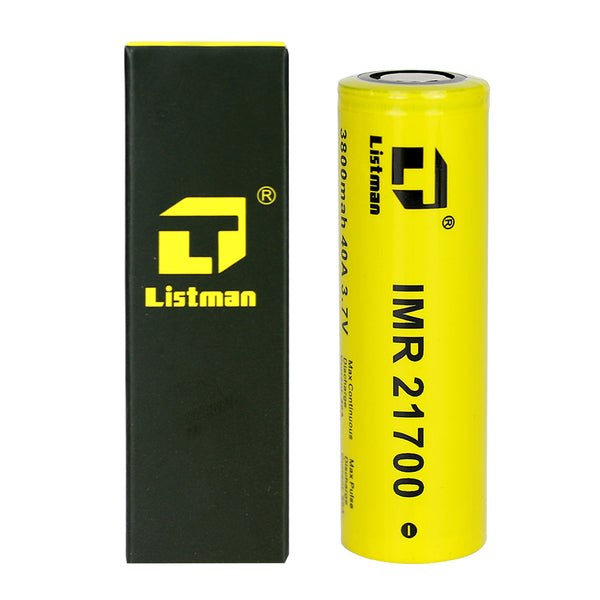 بطاريتان Listman IMR 21700 بقوة 3800 مللي أمبير 40 أمبير مسطحة الرأس قابلة لإعادة الشحن ليثيوم أيون
