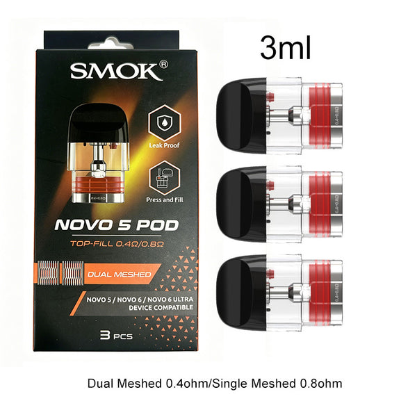 خرطوشة SMOK Novo 5 Pod Series 2 مل/3 مل (3 قطع/عبوة) – ثنائي الشبكة 0.4 أوم/أحادي الشبكة 0.8 أوم (3 مل) - عبوة واحدة
